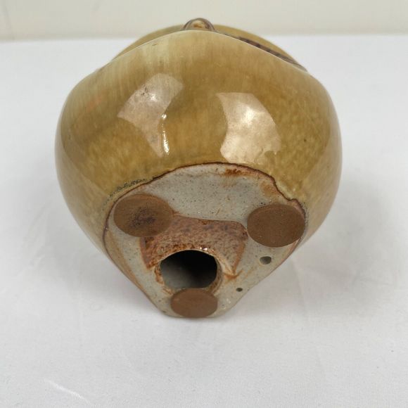 Vintage MCM Pottery Owl Round Big Eyes Tan Brown Glaze 4" - Picture 7 of 7